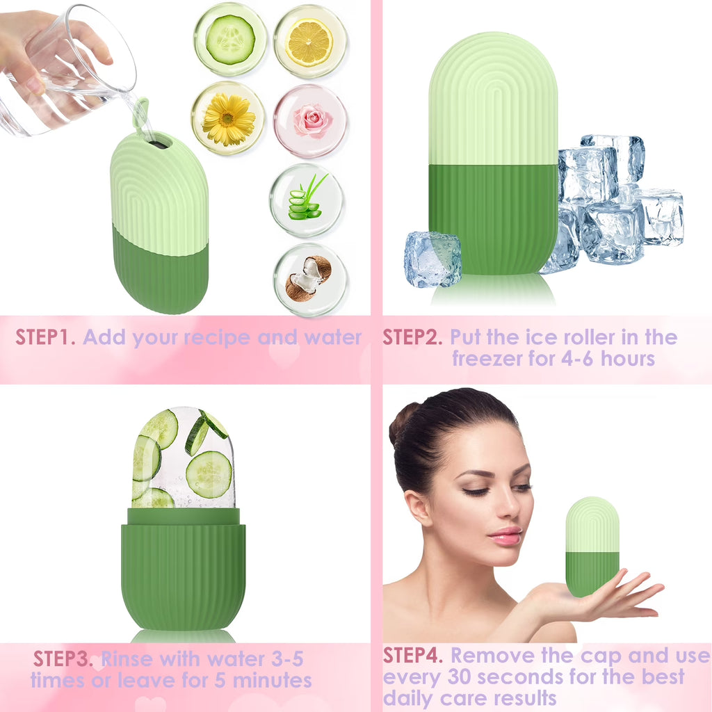Ice Face Roller, Silicone Ice Facial Rollers, Cube Face Contour for Eyes Neck, Beauty Facial Massage Roller Remove Dark Circle Pore Shrink Face Roller Skin Care Tools (Green)