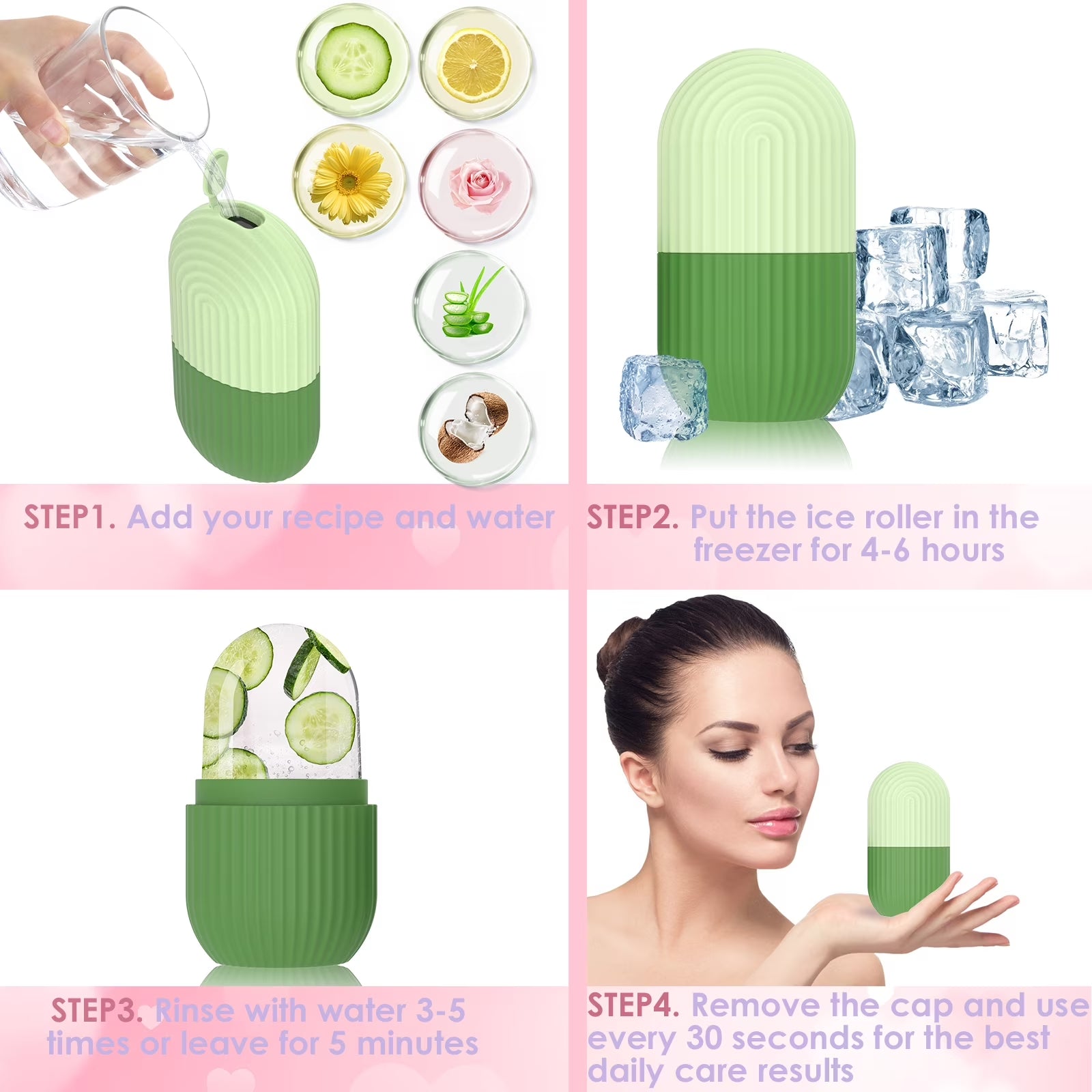 Ice Face Roller, Silicone Ice Facial Rollers, Cube Face Contour for Eyes Neck, Beauty Facial Massage Roller Remove Dark Circle Pore Shrink Face Roller Skin Care Tools (Green)