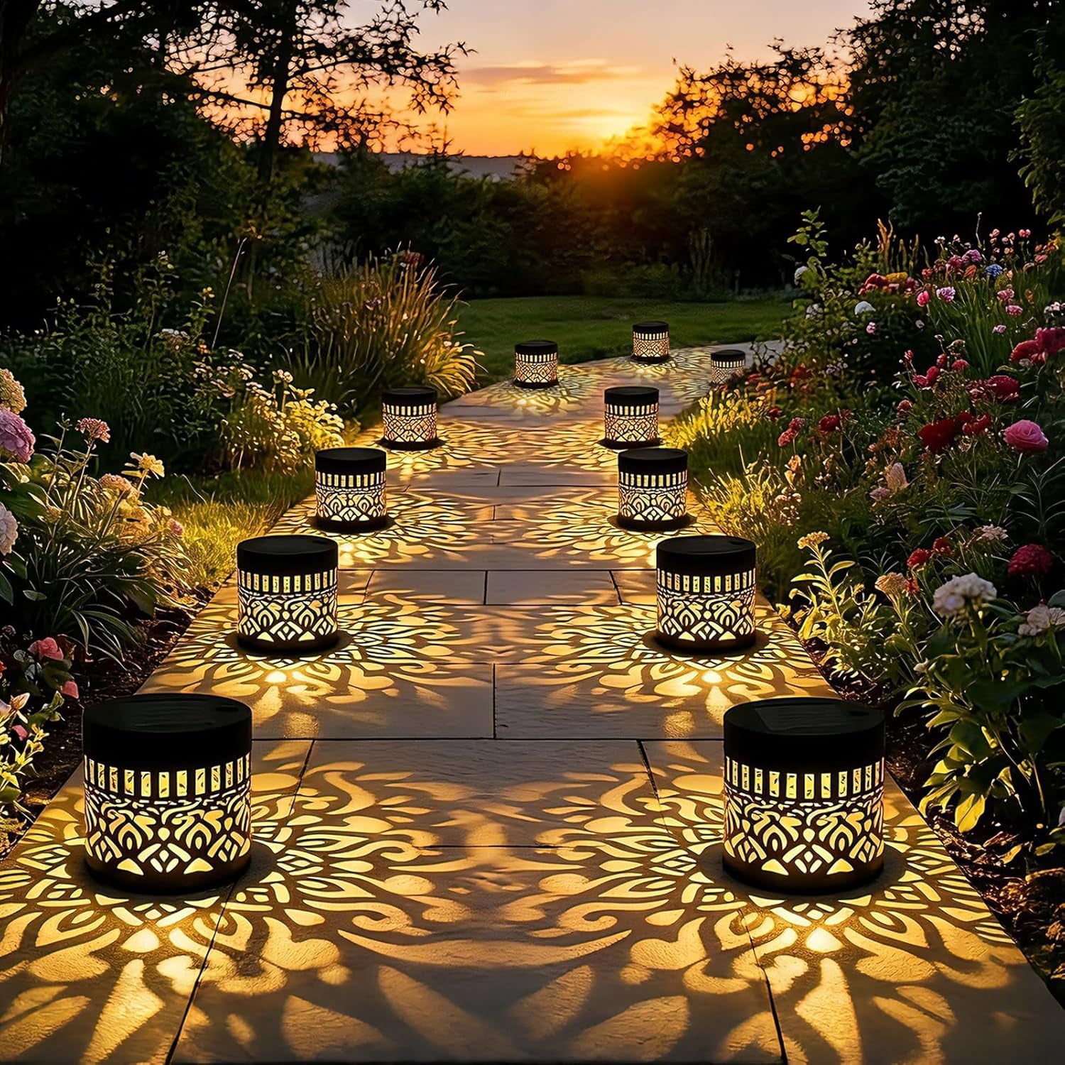 4-Pack Waterproof Solar Mandala Lights for Outdoor Use - Ideal for Decks, Steps, Walls, Terraces, Courtyards, Backyards, and Gardens