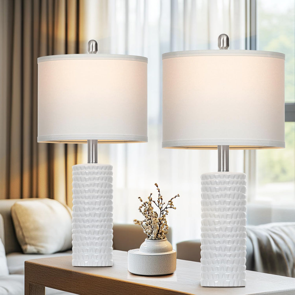 Set of 2 Modern 24.5" Ceramic Table Lamps with White Linen Shades for Living Room, Bedroom, and Office