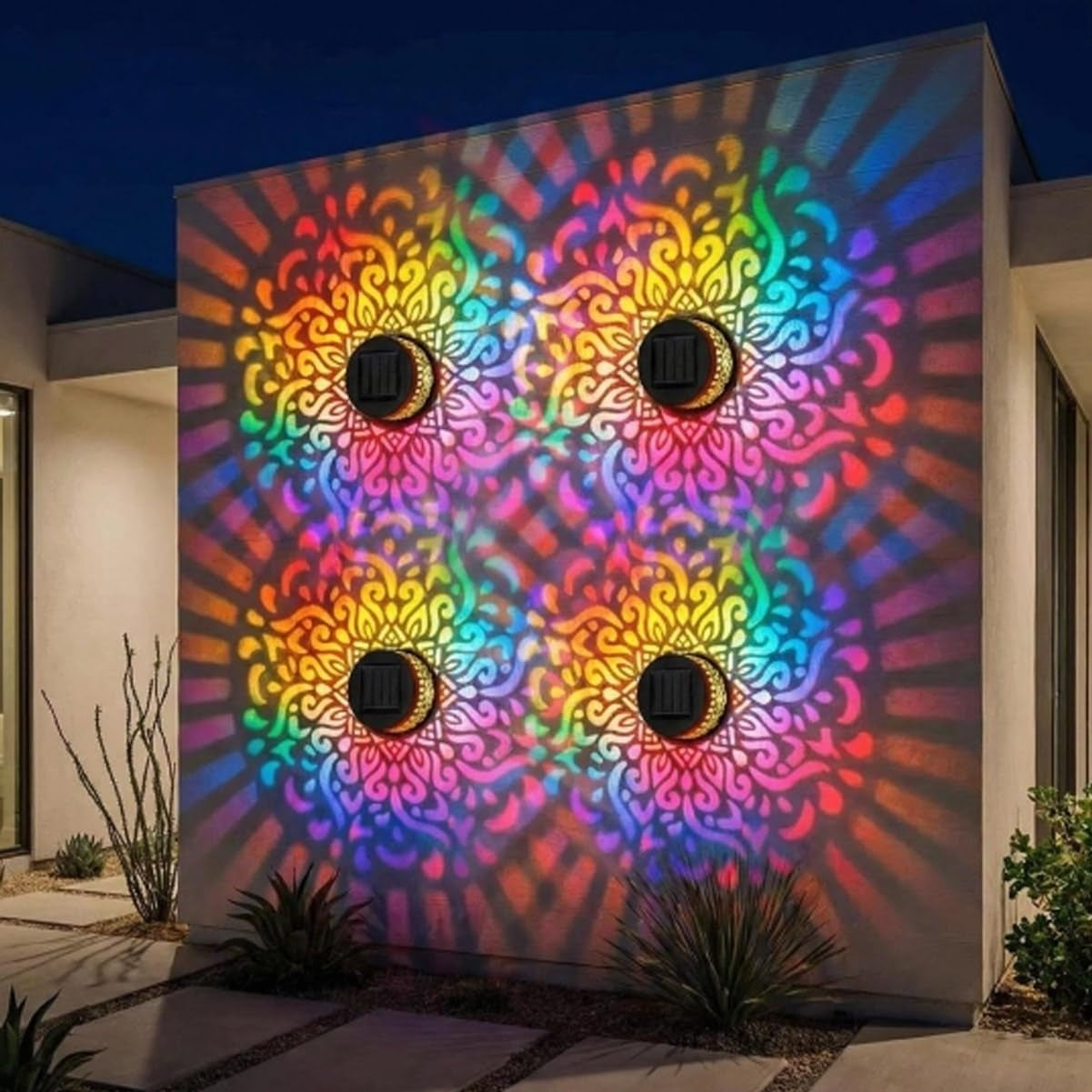 Solar Mandala Projection Wall Light Set - Seven-Color Changing Decorative Outdoor Waterproof Metal Lights for Yard, Garden, and Patio (4 Pieces)