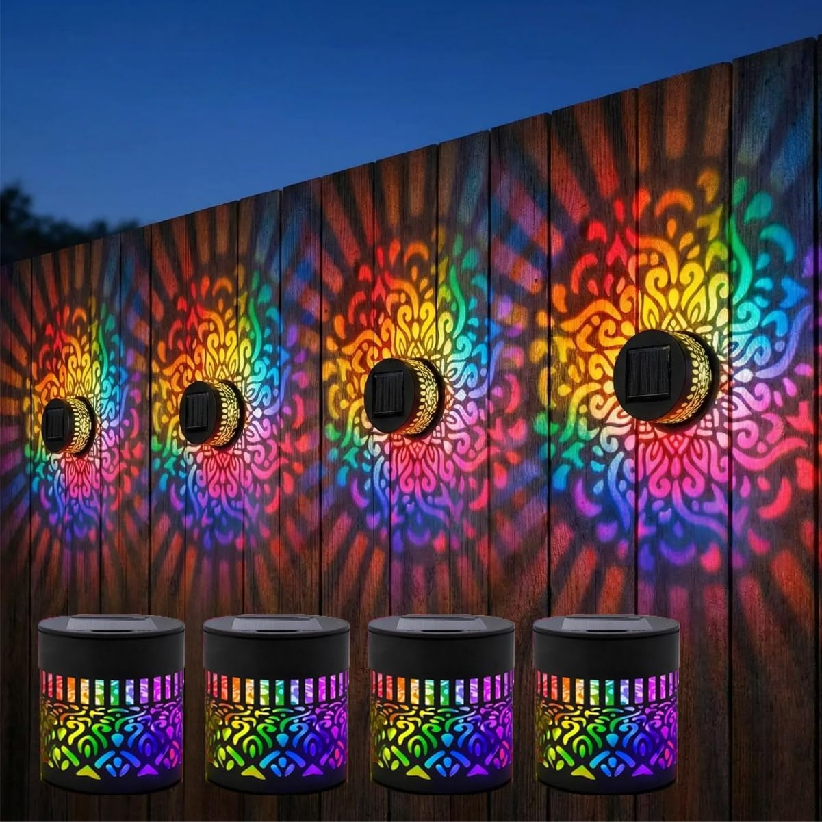 Solar Mandala Projection Wall Light Set - Seven-Color Changing Decorative Outdoor Waterproof Metal Lights for Yard, Garden, and Patio (4 Pieces)