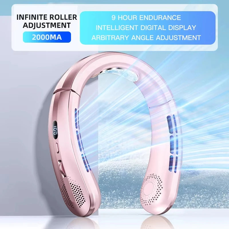 8000mAh Portable Bladeless Neck Fan with USB Rechargeable, Mute Operation, LED Digital Display, and Handheld Air Cooler