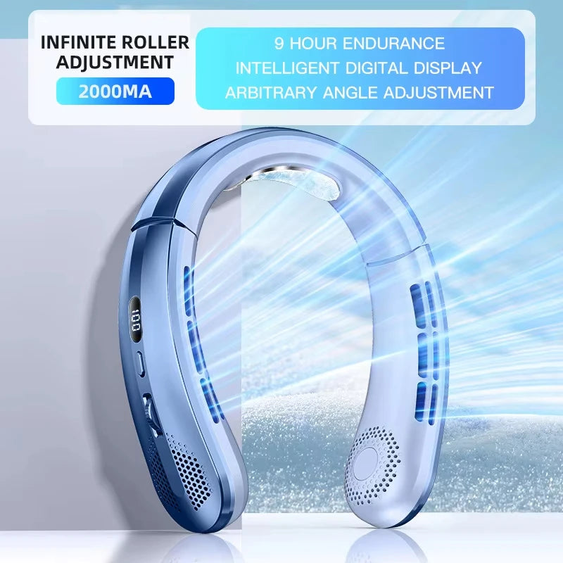 8000mAh Portable Bladeless Neck Fan with USB Rechargeable, Mute Operation, LED Digital Display, and Handheld Air Cooler