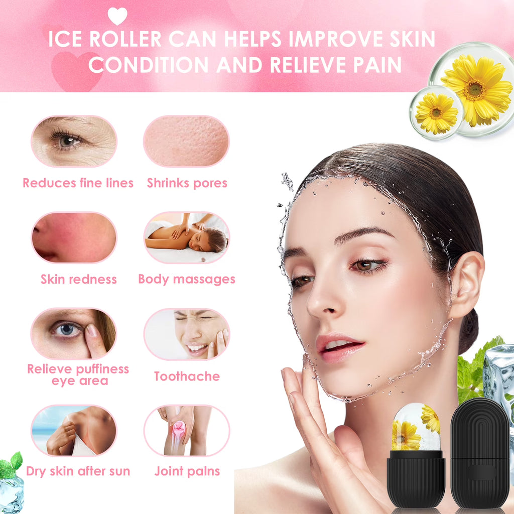 Ice Face Roller, Silicone Ice Facial Rollers, Cube Face Contour for Eyes Neck, Beauty Facial Massage Roller Remove Dark Circle Pore Shrink Face Roller Skin Care Tools (Black)