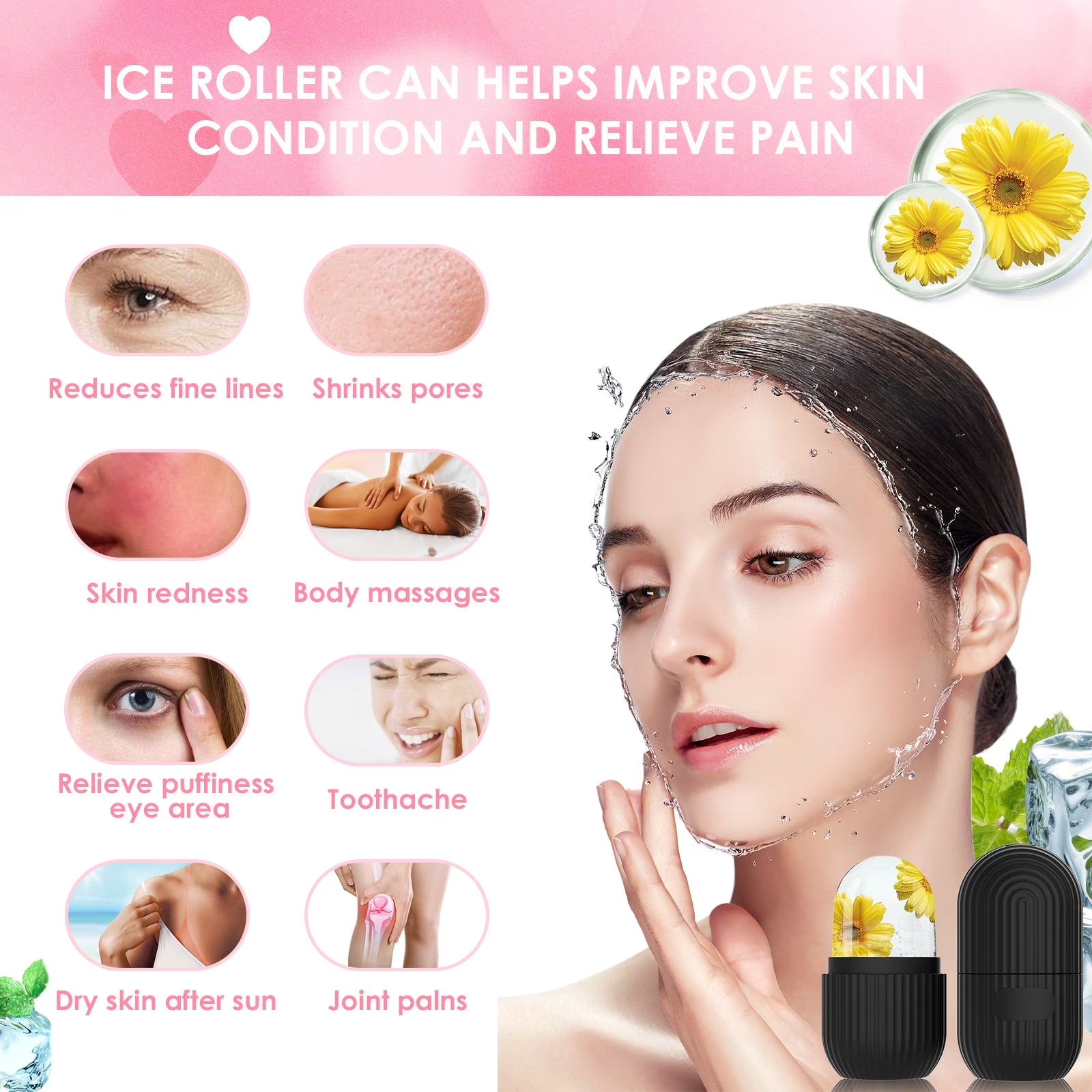 Ice Face Roller, Silicone Ice Facial Rollers, Cube Face Contour for Eyes Neck, Beauty Facial Massage Roller Remove Dark Circle Pore Shrink Face Roller Skin Care Tools (Black)