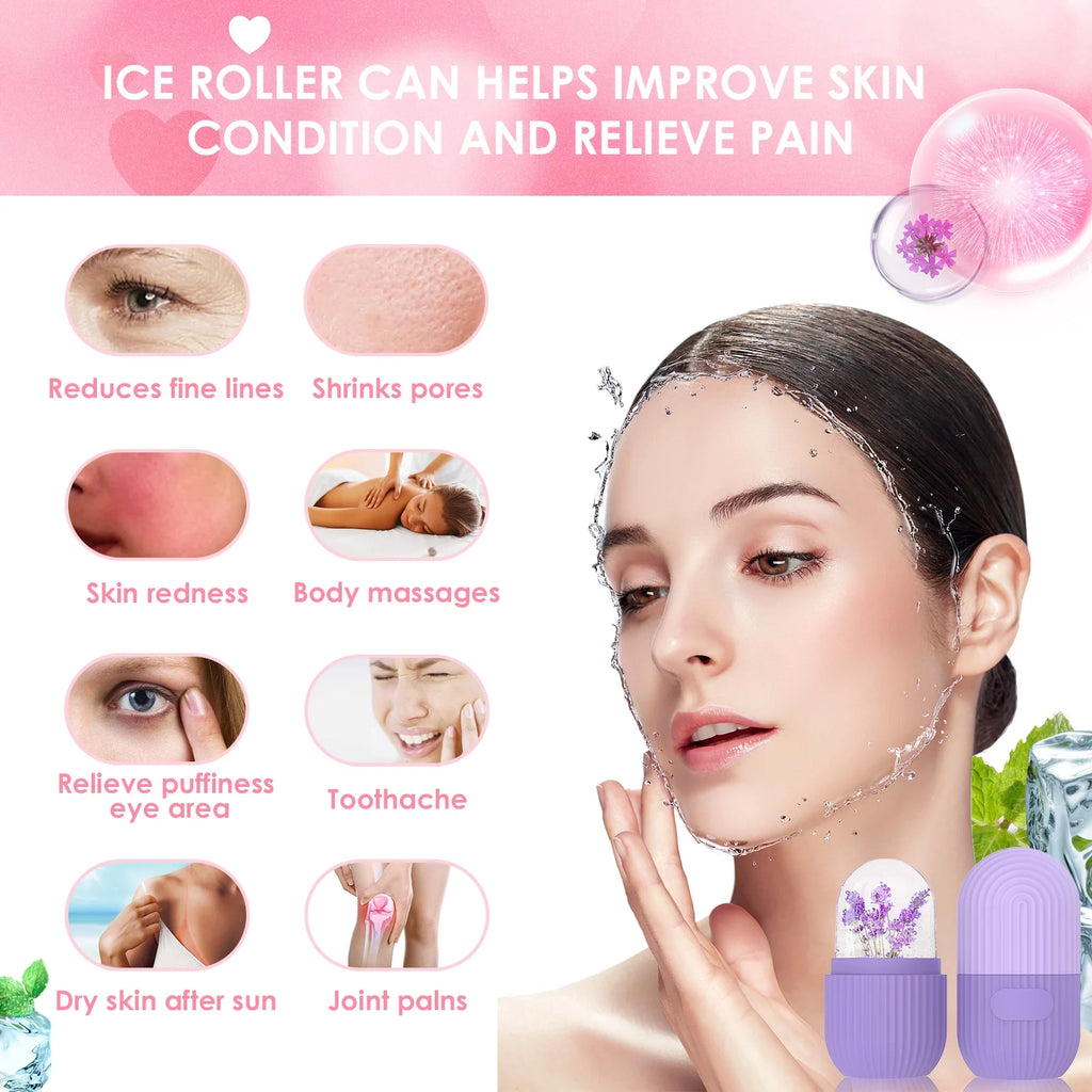 Ice Face Roller, Silicone Ice Facial Rollers, Cube Face Contour for Eyes Neck, Beauty Facial Massage Roller Remove Dark Circle Pore Shrink Face Roller Skin Care Tools (Purple)