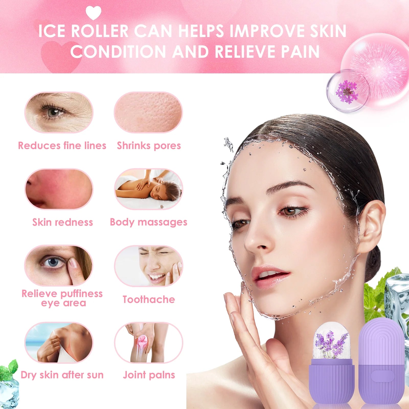 Ice Face Roller, Silicone Ice Facial Rollers, Cube Face Contour for Eyes Neck, Beauty Facial Massage Roller Remove Dark Circle Pore Shrink Face Roller Skin Care Tools (Purple)
