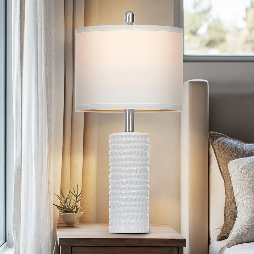 Set of 2 Modern 24.5" Ceramic Table Lamps with White Linen Shades for Living Room, Bedroom, and Office