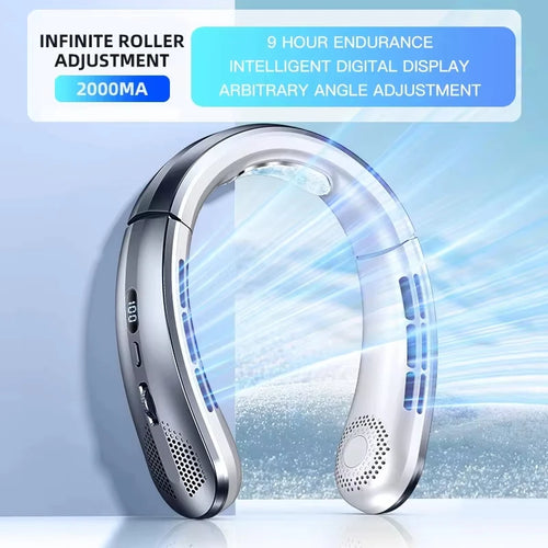 8000mAh Portable Bladeless Neck Fan with USB Rechargeable, Mute Operation, LED Digital Display, and Handheld Air Cooler