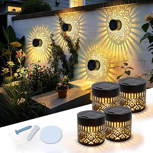 4-Pack Waterproof Solar Mandala Lights for Outdoor Use - Ideal for Decks, Steps, Walls, Terraces, Courtyards, Backyards, and Gardens