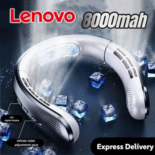 8000mAh Portable Bladeless Neck Fan with USB Rechargeable, Mute Operation, LED Digital Display, and Handheld Air Cooler