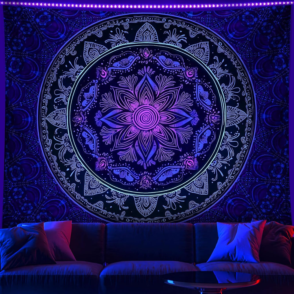 Blacklight Mandala Tapestry - Bohemian Wall Decor with Psychedelic Peacock Design, Ideal for College Dorms, Beach Throws, and Table Cloths, 59×51 Inches