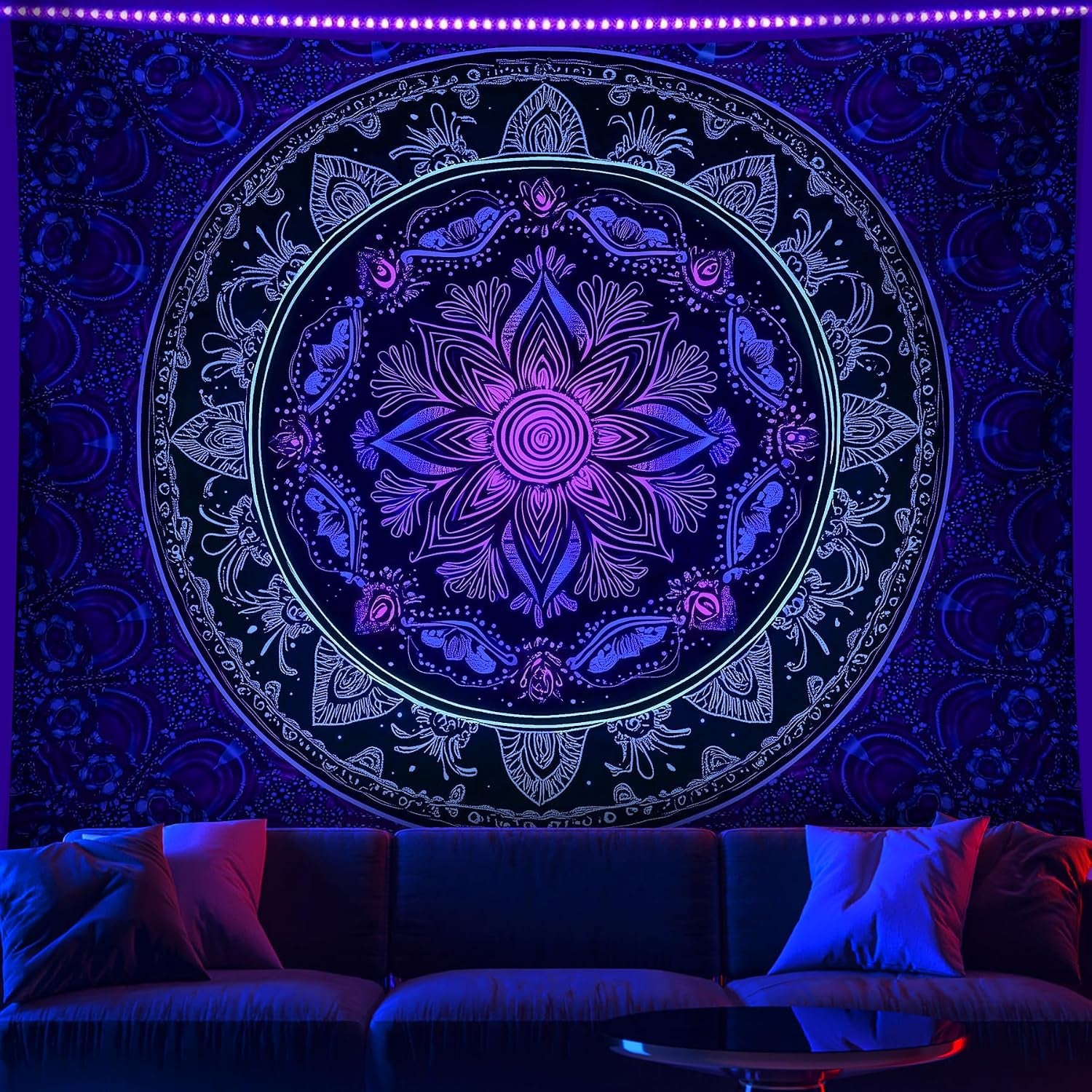 Blacklight Mandala Tapestry - Bohemian Wall Decor with Psychedelic Peacock Design, Ideal for College Dorms, Beach Throws, and Table Cloths, 59×51 Inches