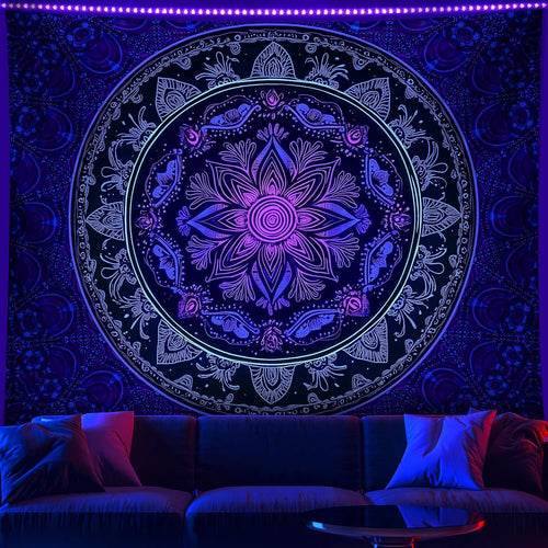 Blacklight Mandala Tapestry - Bohemian Wall Decor with Psychedelic Peacock Design, Ideal for College Dorms, Beach Throws, and Table Cloths, 59×51 Inches