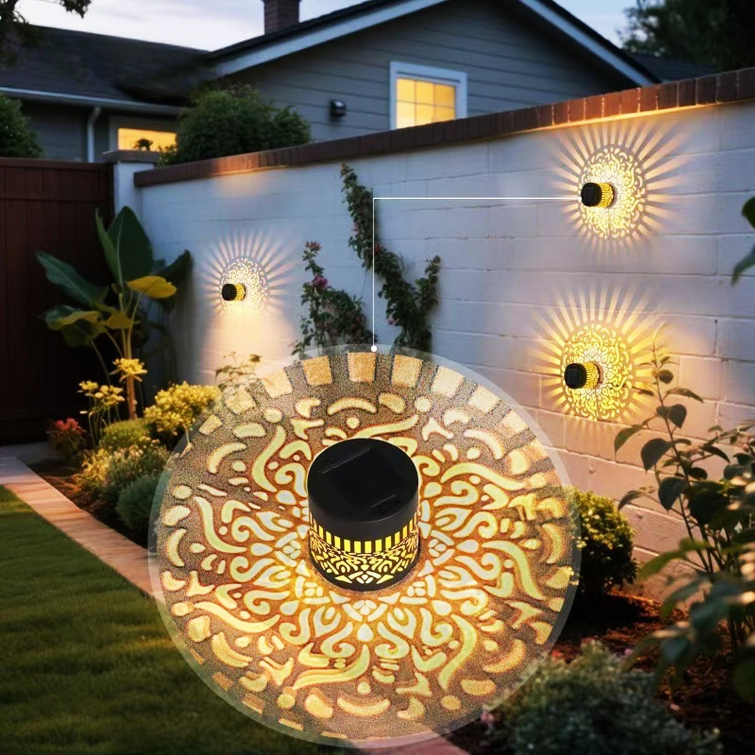 2-Pack Solar Mandala Projector Lights for Outdoor Use, Waterproof Decorative Wall and Deck Step Lighting for Garden and Patio (Warm Glow)