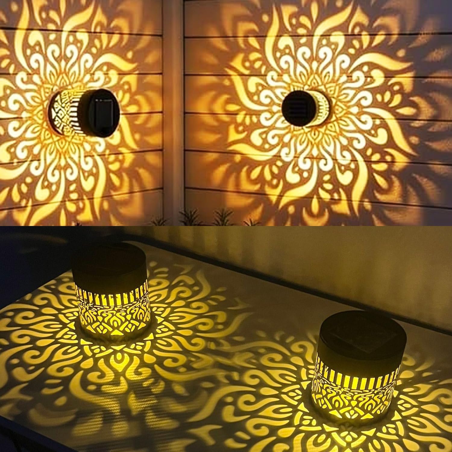 2-Pack Solar Mandala Projector Lights for Outdoor Use, Waterproof Decorative Wall and Deck Step Lighting for Garden and Patio (Warm Glow)
