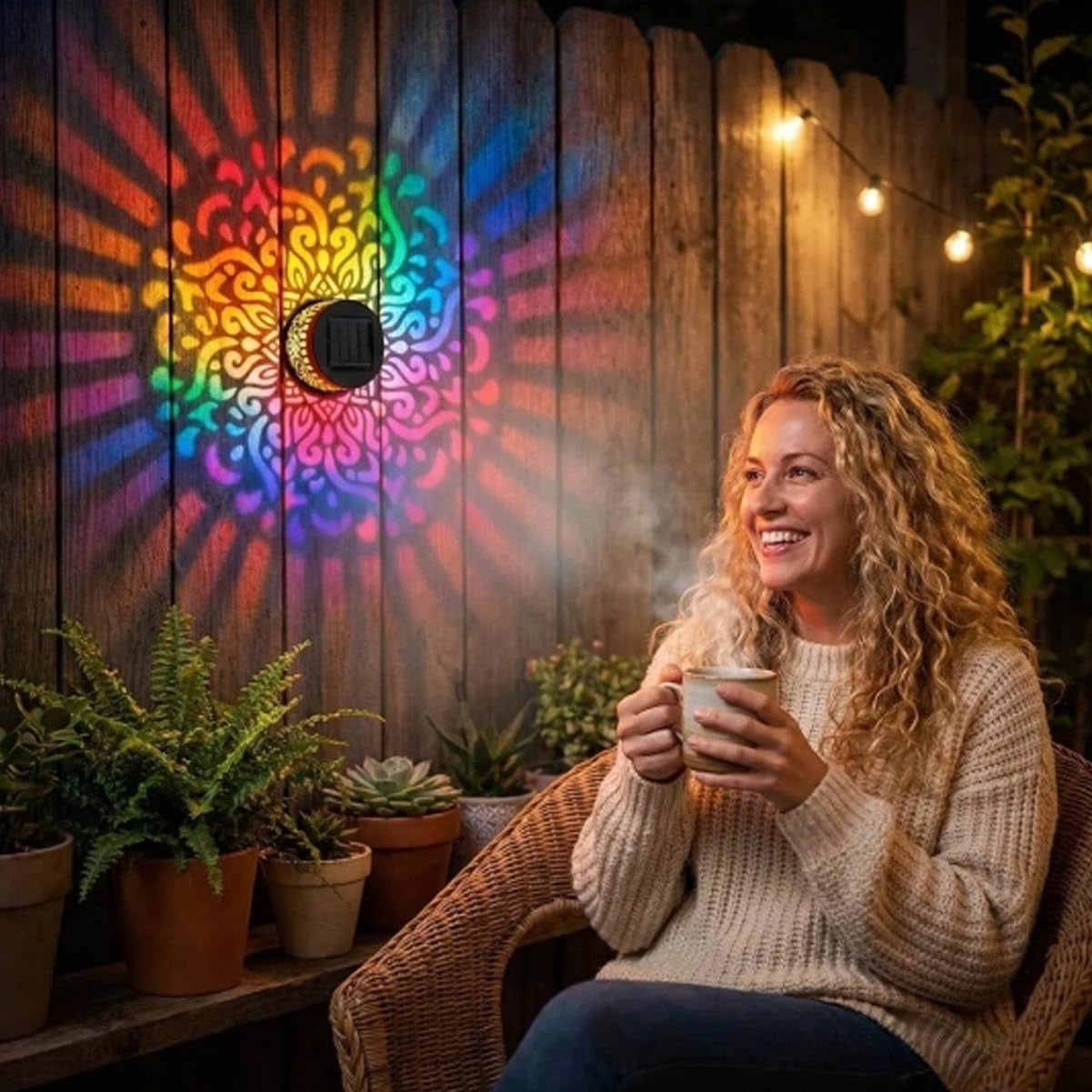 Solar Mandala Projection Wall Light Set - Seven-Color Changing Decorative Outdoor Waterproof Metal Lights for Yard, Garden, and Patio (4 Pieces)