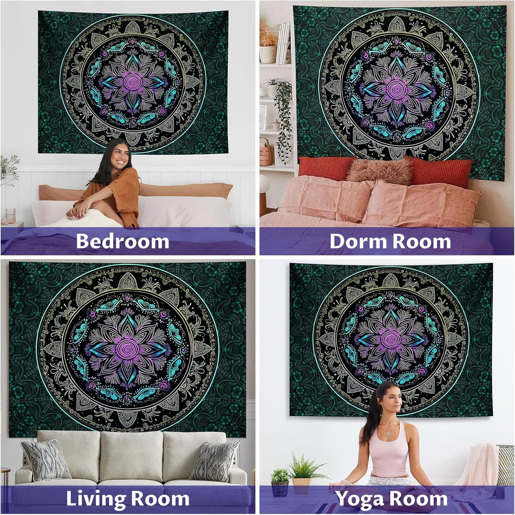 Blacklight Mandala Tapestry - Bohemian Wall Decor with Psychedelic Peacock Design, Ideal for College Dorms, Beach Throws, and Table Cloths, 59×51 Inches