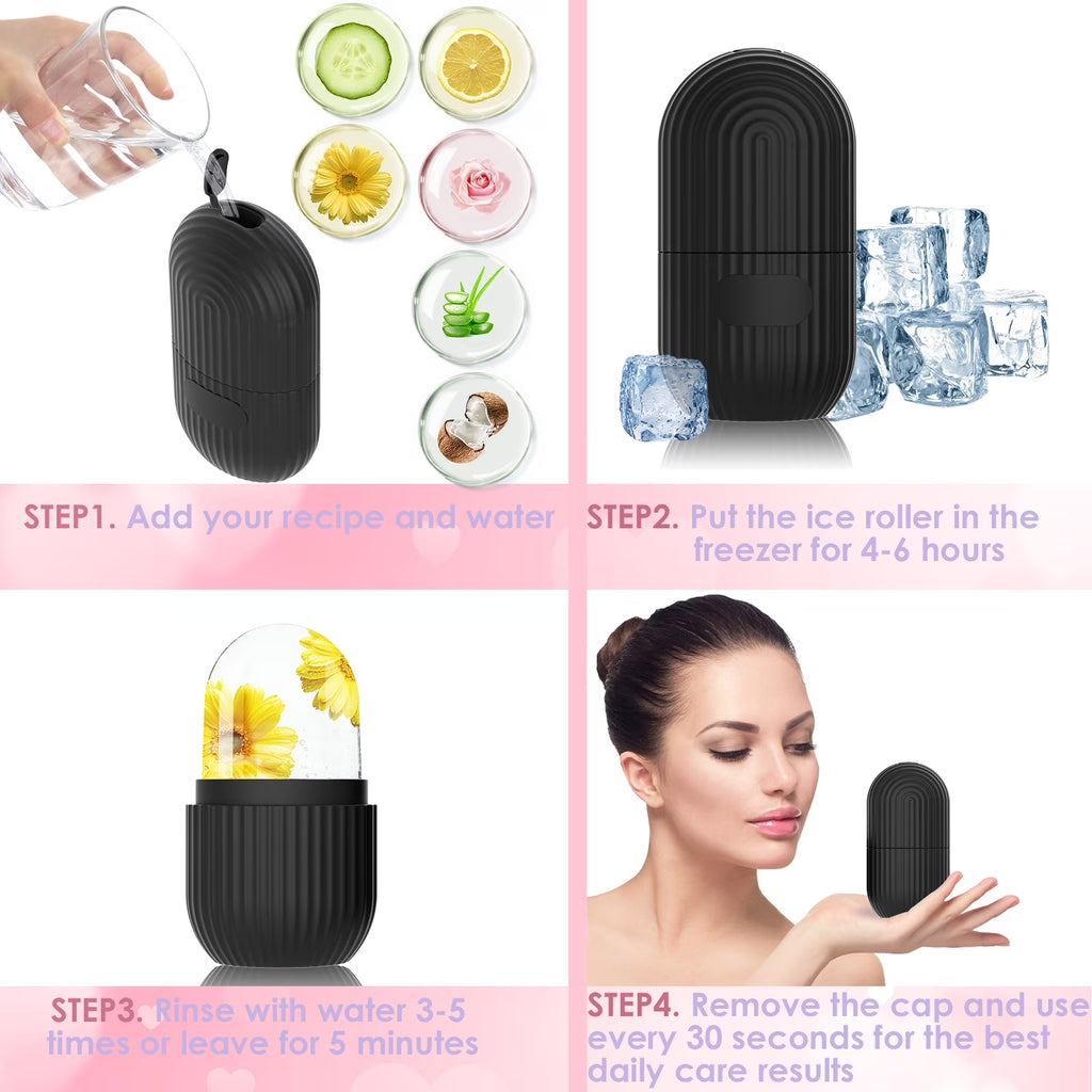 Ice Face Roller, Silicone Ice Facial Rollers, Cube Face Contour for Eyes Neck, Beauty Facial Massage Roller Remove Dark Circle Pore Shrink Face Roller Skin Care Tools (Black)