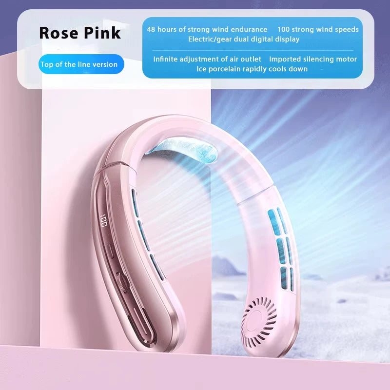 8000mAh Portable Bladeless Neck Fan with USB Rechargeable, Mute Operation, LED Digital Display, and Handheld Air Cooler