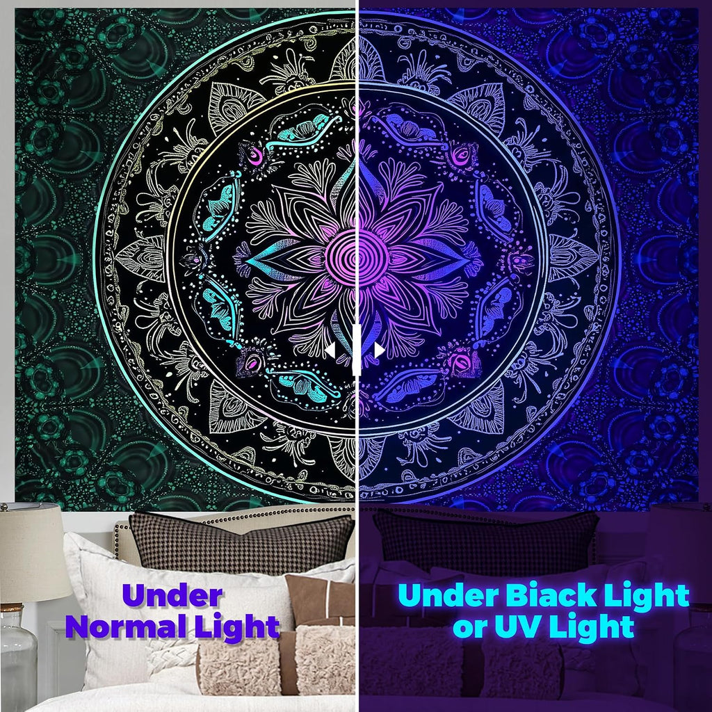 Blacklight Mandala Tapestry - Bohemian Wall Decor with Psychedelic Peacock Design, Ideal for College Dorms, Beach Throws, and Table Cloths, 59×51 Inches