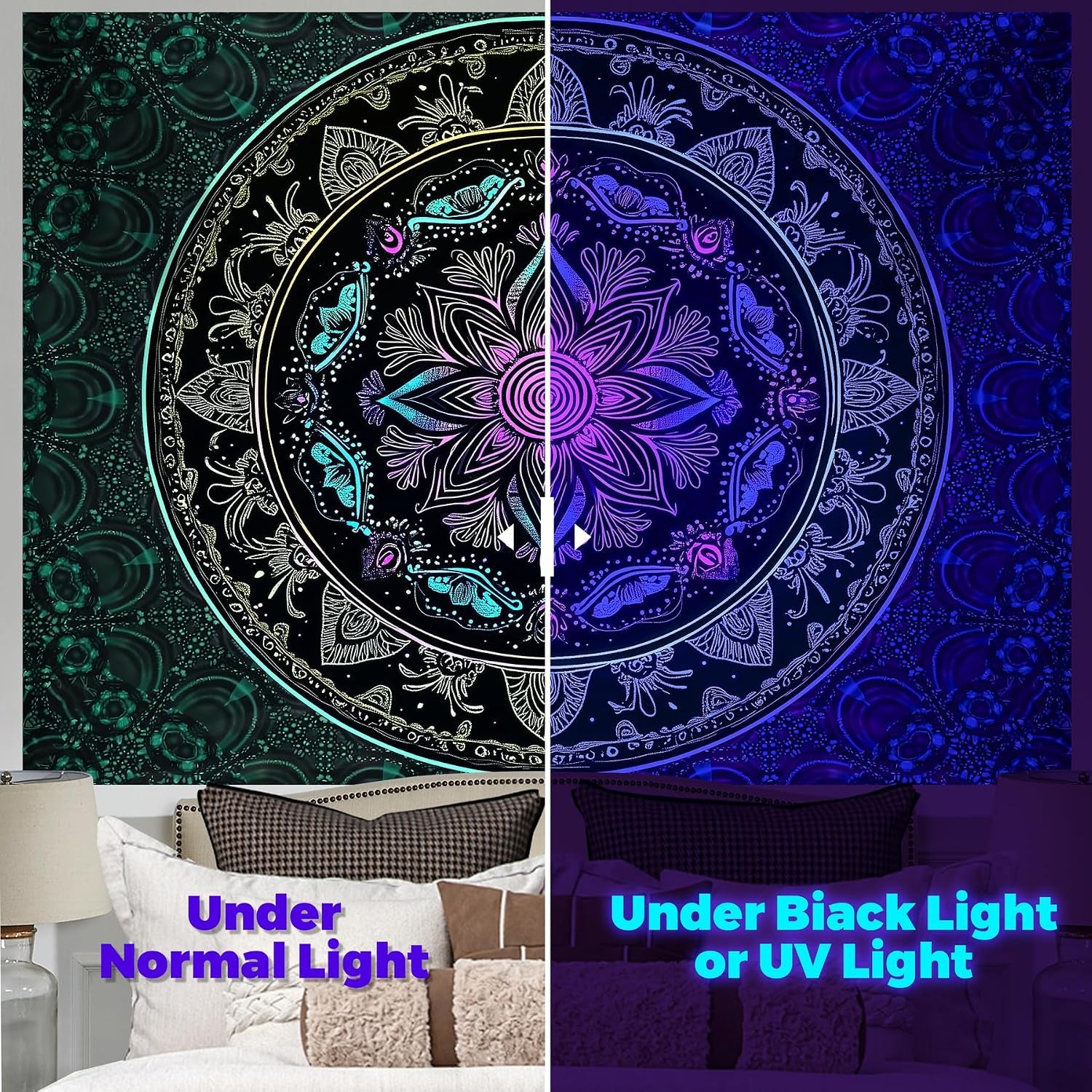 Blacklight Mandala Tapestry - Bohemian Wall Decor with Psychedelic Peacock Design, Ideal for College Dorms, Beach Throws, and Table Cloths, 59×51 Inches