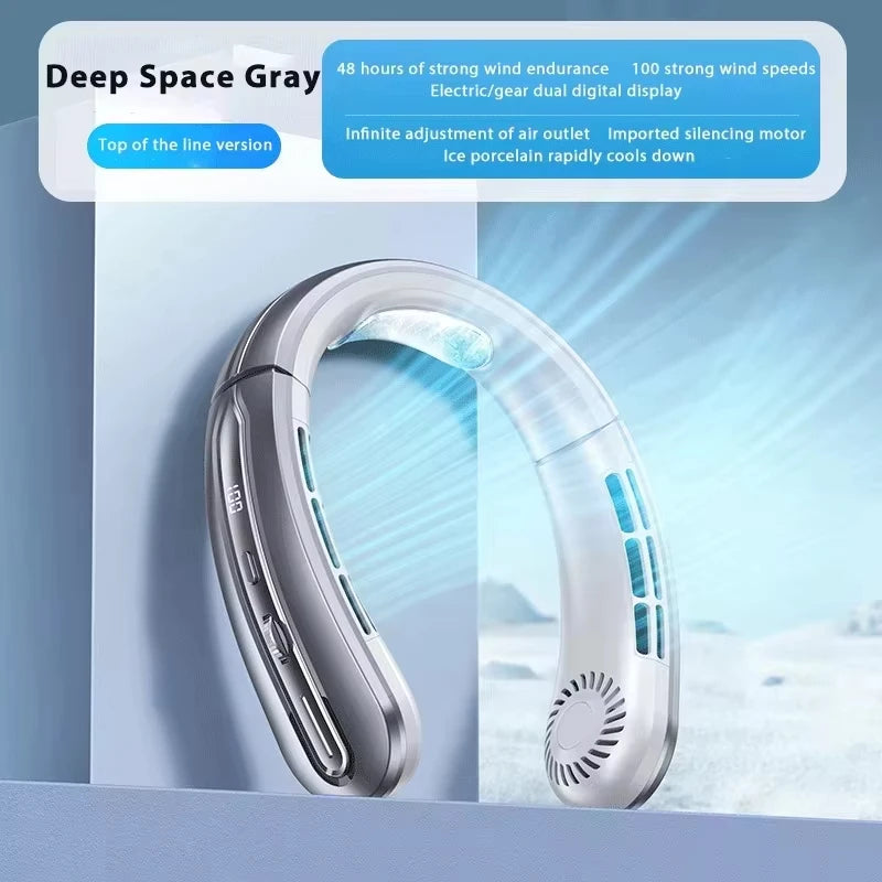 8000mAh Portable Bladeless Neck Fan with USB Rechargeable, Mute Operation, LED Digital Display, and Handheld Air Cooler