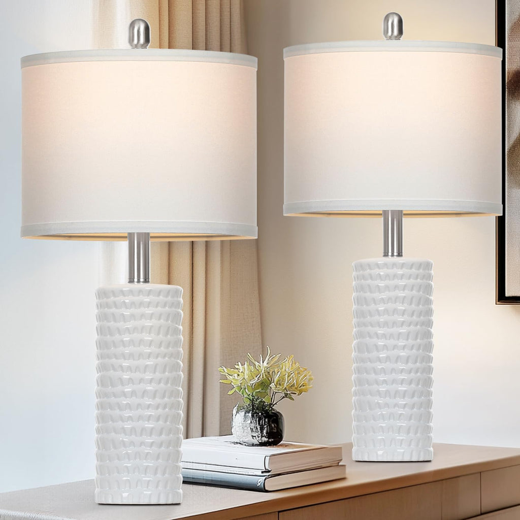 Set of 2 Modern 24.5" Ceramic Table Lamps with White Linen Shades for Living Room, Bedroom, and Office