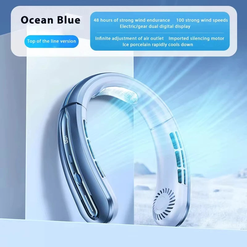8000mAh Portable Bladeless Neck Fan with USB Rechargeable, Mute Operation, LED Digital Display, and Handheld Air Cooler