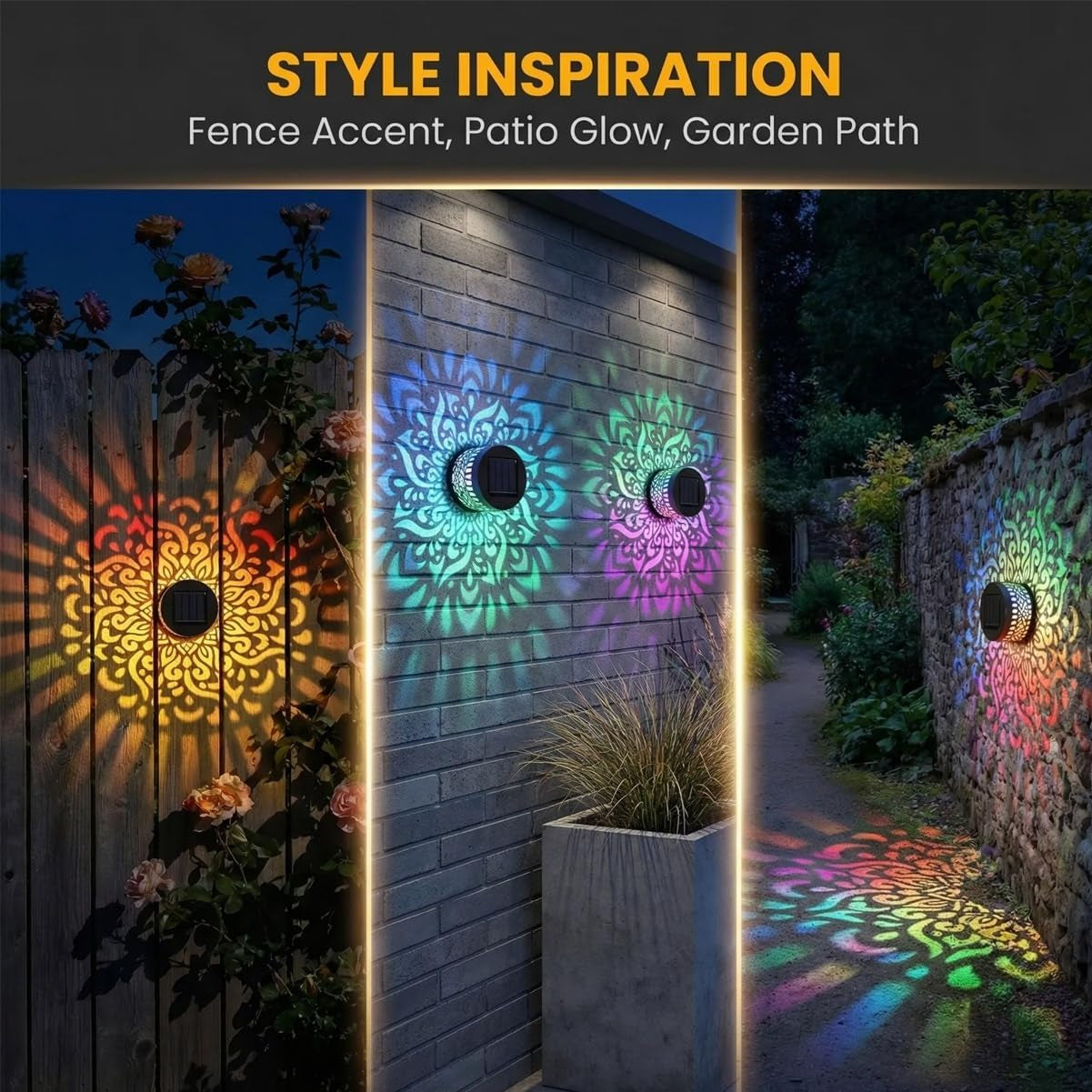 Solar Mandala Projection Wall Light Set - Seven-Color Changing Decorative Outdoor Waterproof Metal Lights for Yard, Garden, and Patio (4 Pieces)