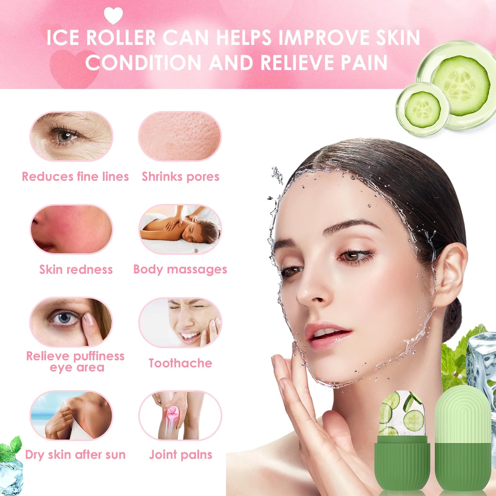 Ice Face Roller, Silicone Ice Facial Rollers, Cube Face Contour for Eyes Neck, Beauty Facial Massage Roller Remove Dark Circle Pore Shrink Face Roller Skin Care Tools (Green)