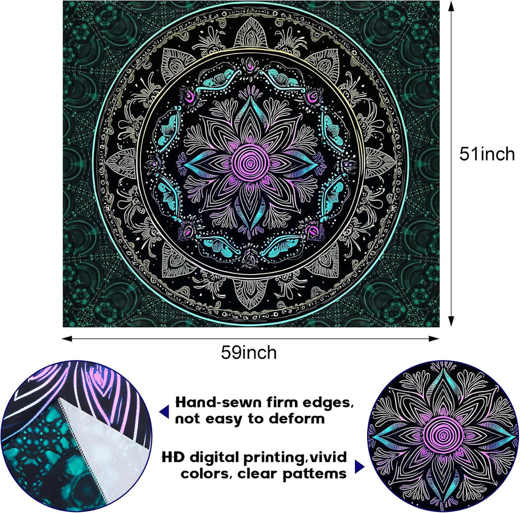 Blacklight Mandala Tapestry - Bohemian Wall Decor with Psychedelic Peacock Design, Ideal for College Dorms, Beach Throws, and Table Cloths, 59×51 Inches