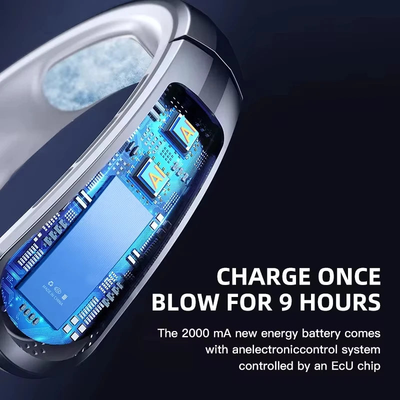 8000mAh Portable Bladeless Neck Fan with USB Rechargeable, Mute Operation, LED Digital Display, and Handheld Air Cooler