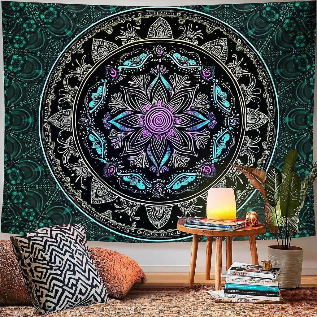 Blacklight Mandala Tapestry - Bohemian Wall Decor with Psychedelic Peacock Design, Ideal for College Dorms, Beach Throws, and Table Cloths, 59×51 Inches