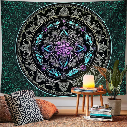 Blacklight Mandala Tapestry - Bohemian Wall Decor with Psychedelic Peacock Design, Ideal for College Dorms, Beach Throws, and Table Cloths, 59×51 Inches