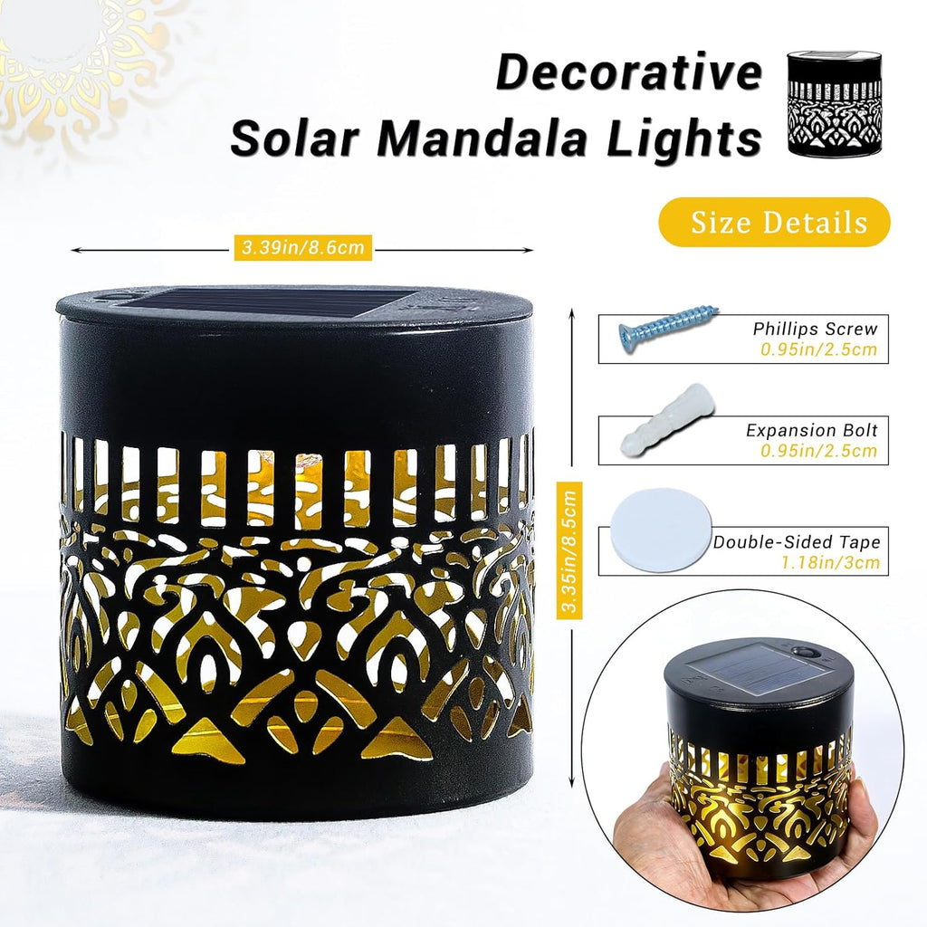 4-Pack Waterproof Solar Mandala Lights for Outdoor Use - Ideal for Decks, Steps, Walls, Terraces, Courtyards, Backyards, and Gardens