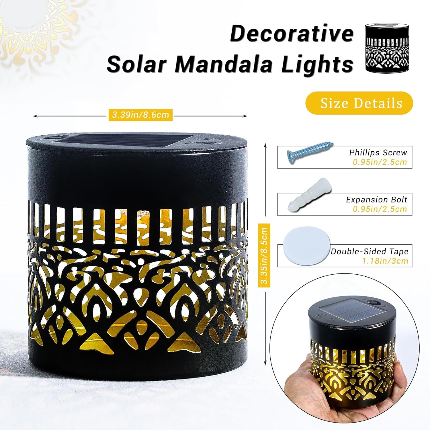 4-Pack Waterproof Solar Mandala Lights for Outdoor Use - Ideal for Decks, Steps, Walls, Terraces, Courtyards, Backyards, and Gardens