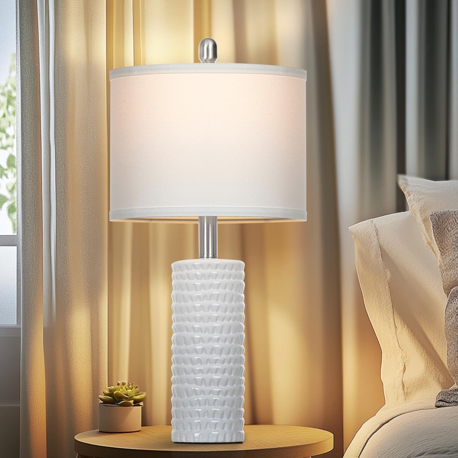 Set of 2 Modern 24.5" Ceramic Table Lamps with White Linen Shades for Living Room, Bedroom, and Office