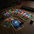 Fantasy spell card deck fanned out on a dark wooden table
