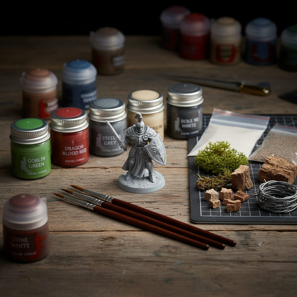 Miniature painting and terrain building starter kit on a wooden workbench